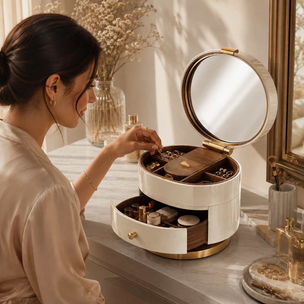 Rotating Mirror Vanity Organizer