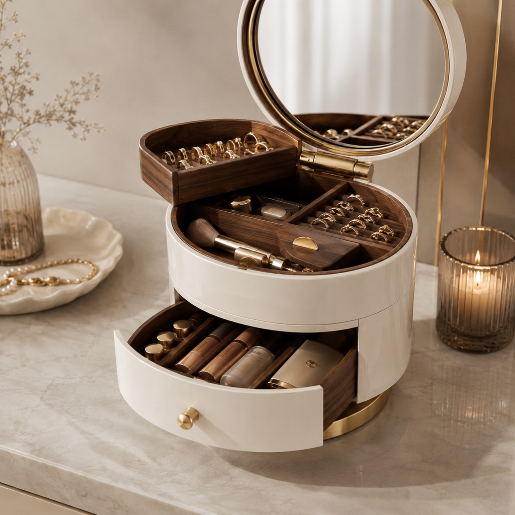 Rotating Mirror Vanity Organizer