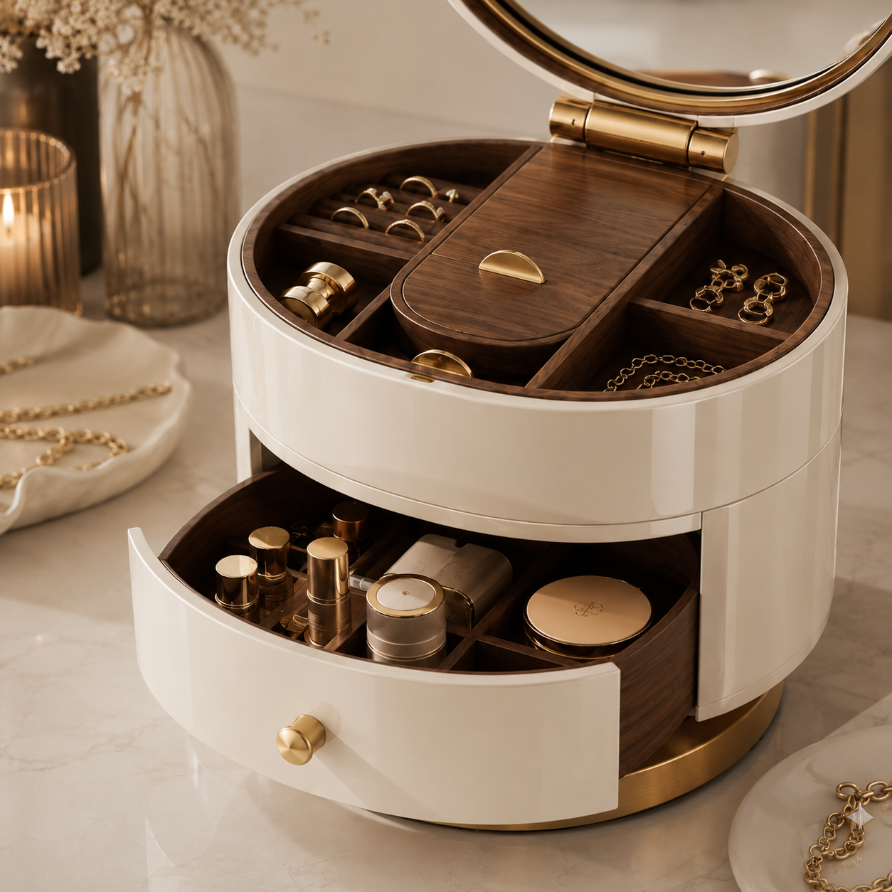Rotating Mirror Vanity Organizer